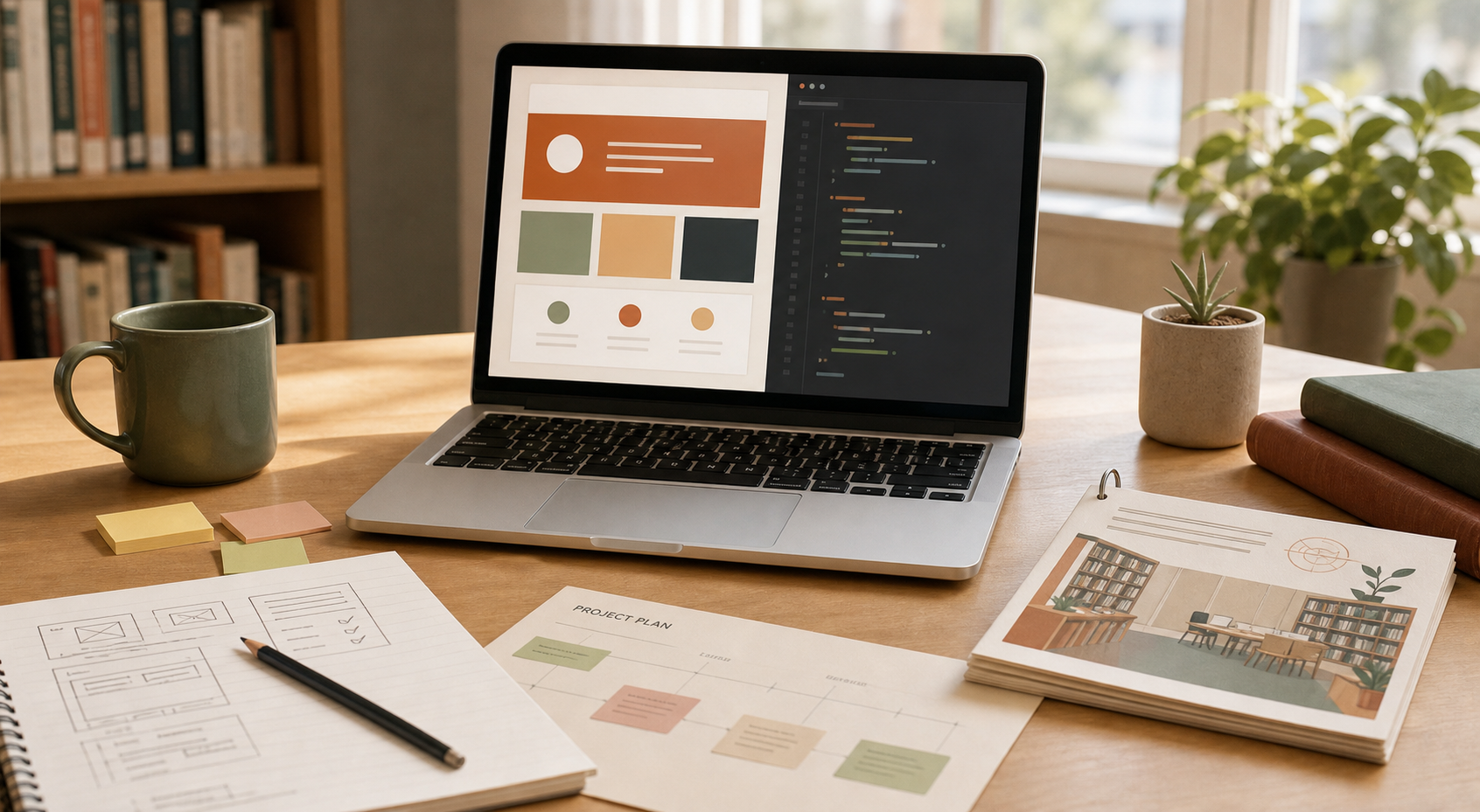 A neutral desk scene with a laptop, coding notes, and beginner web project materials.